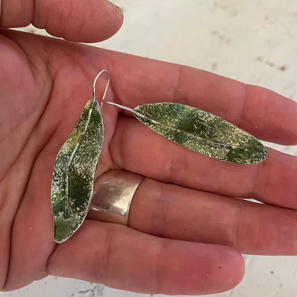 Patina sage leaf earrings