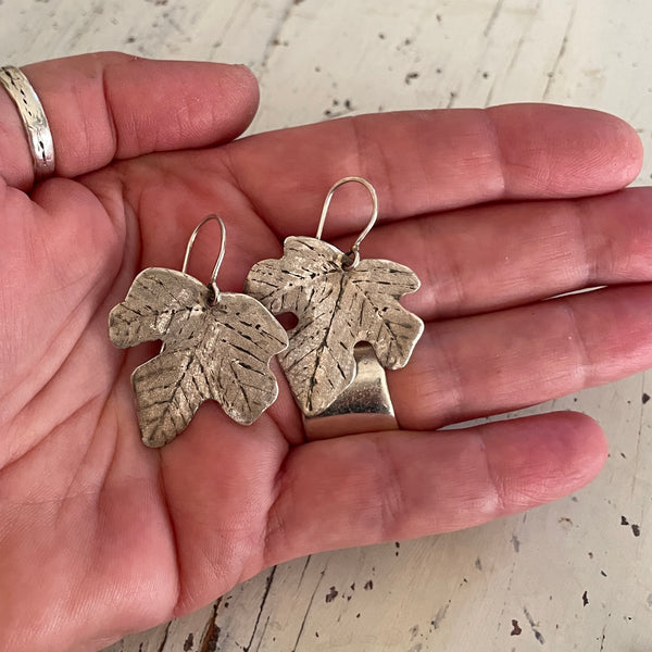 Silver fig leaf earrings