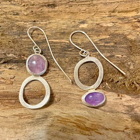 ASYMMETRICAL AMETHYST  SILVER EARRINGS