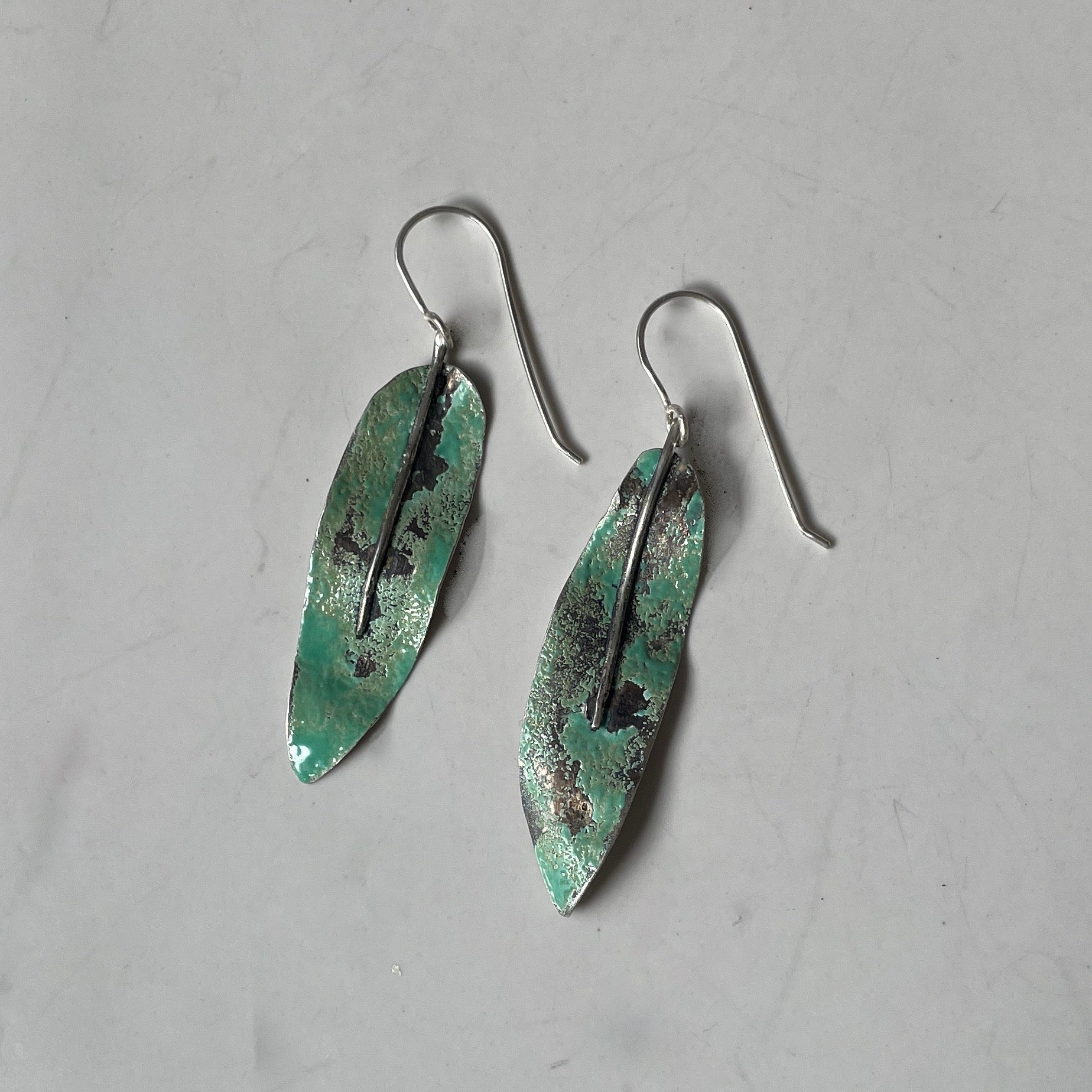 Patina sage leaf earrings