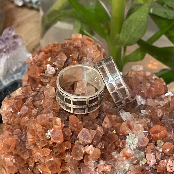 Two silver rings on a crystal rock with greenery in the background
