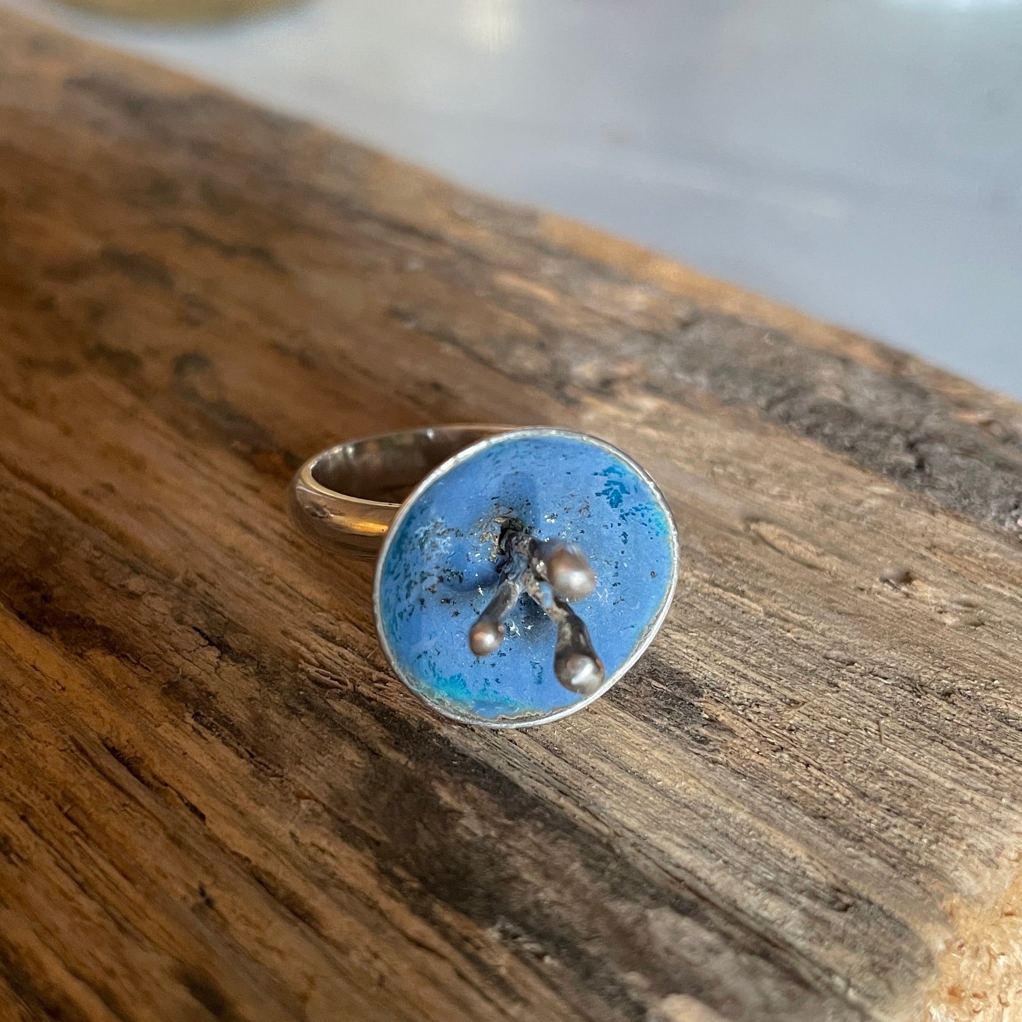 SALE :Silver and blue enamelring
