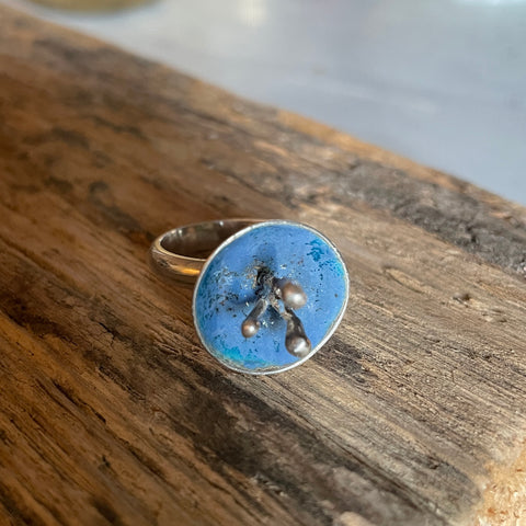 SALE :Silver and blue enamelring